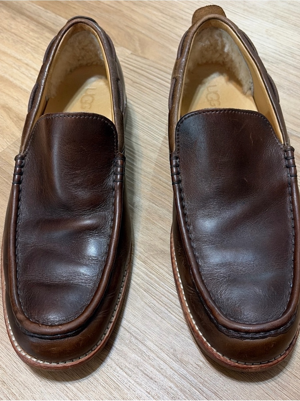 UGG Mens 11.5 Brown Leather Slip On Loafers Moc Toe Comfort Casual Shoes EU45